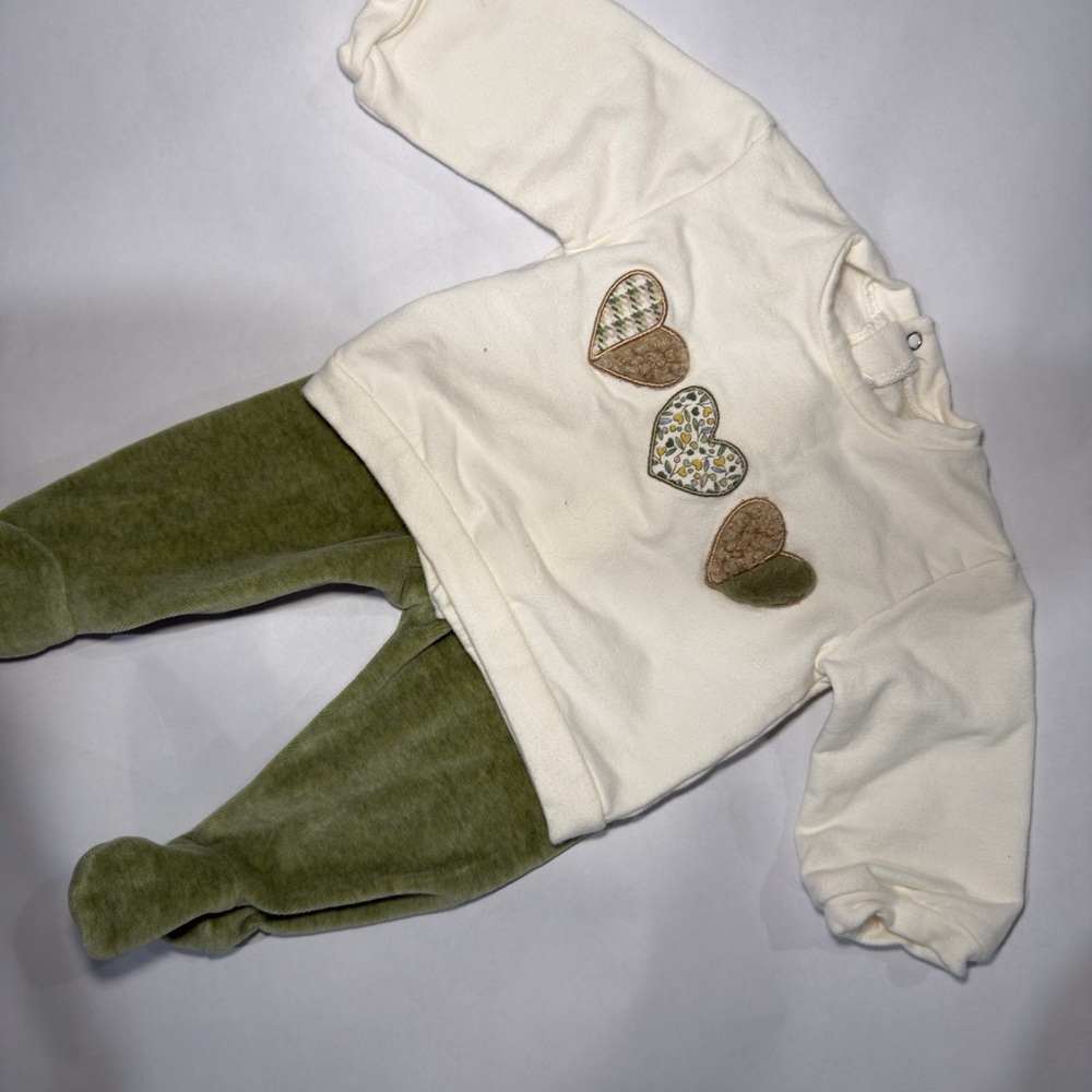 MAYORAL Cream Baby Sweatshirt and Olive Green Footed Pants Set